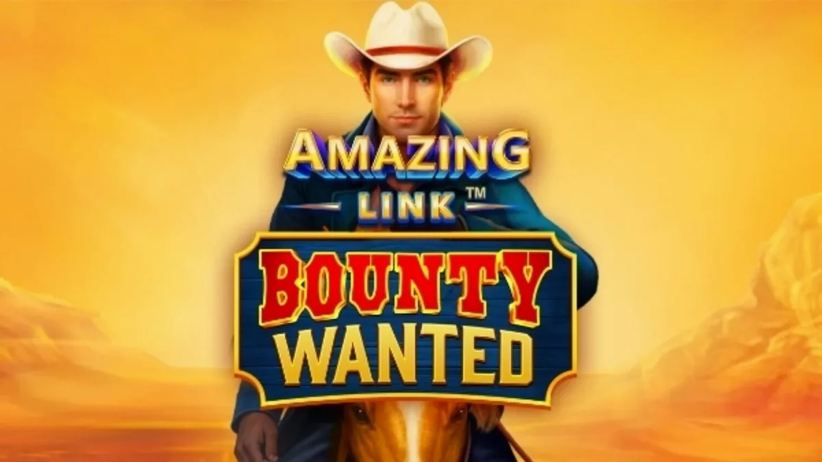 Tampilan visual slot Amazing Link Bounty Wanted dengan latar belakang gurun dan simbol koboi.