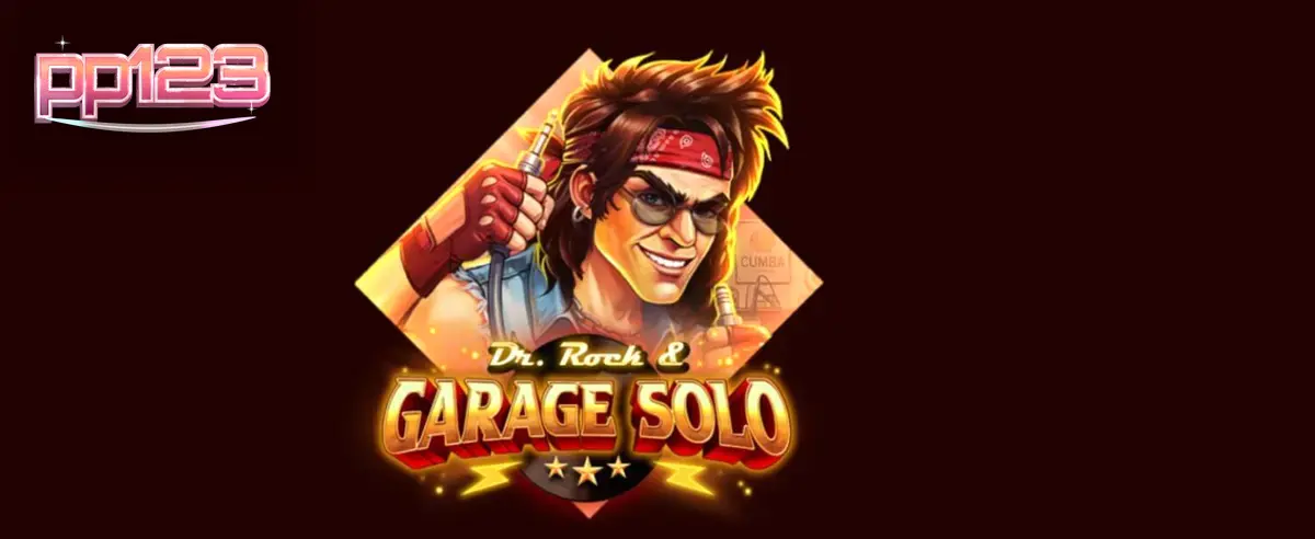 Tampilan permainan slot Dr. Rock & Garage Solo dengan Dr. Rock, gitar listrik, dan set drum di garasi yang berantakan.